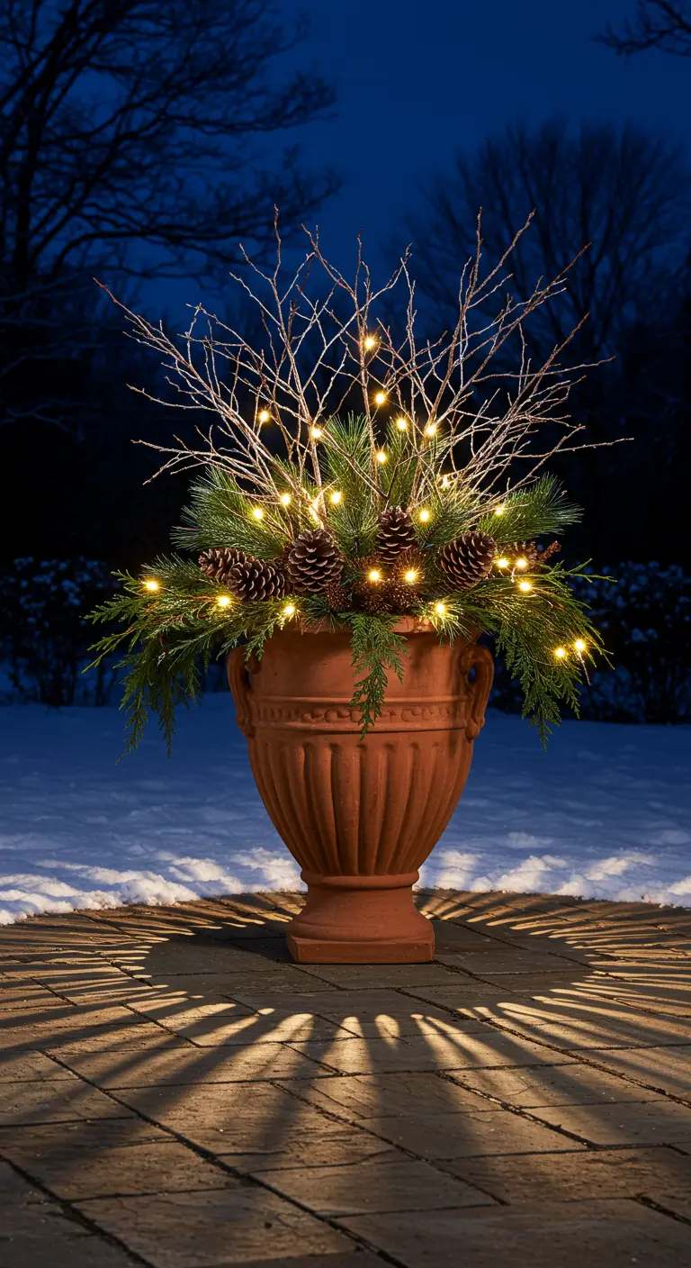 A large terracotta urn lit from within, casting dramatic shadows on the patio at night.