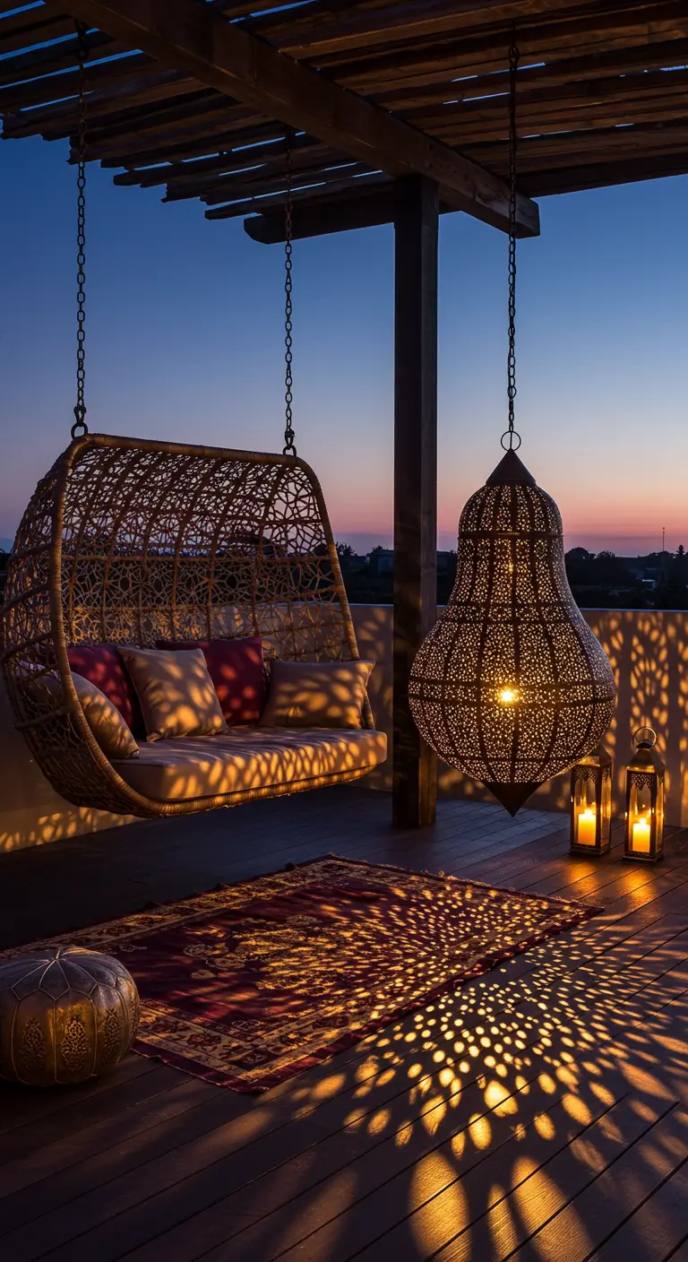 Terrace at night with a large hanging lantern casting patterns next to a woven swing chair.