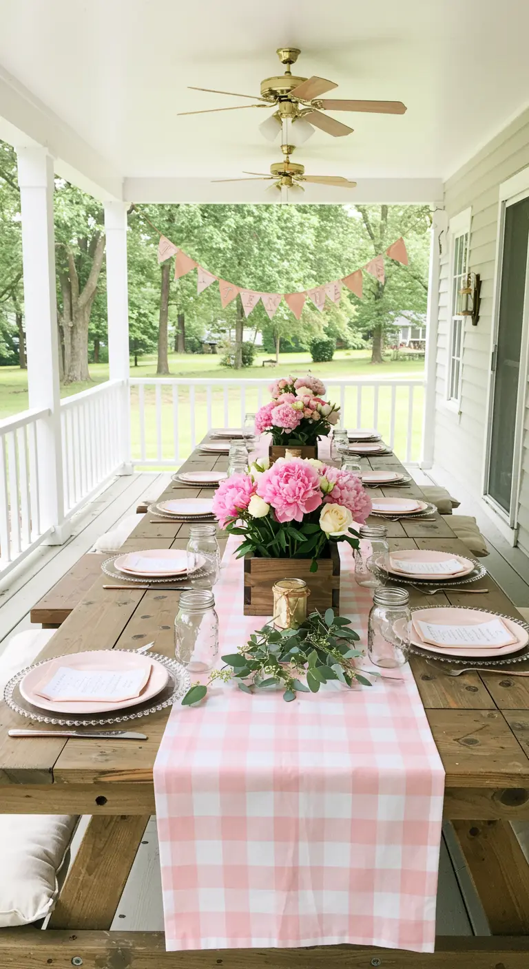 Outdoor picnic table with a pink gingham runner and peonies in wooden boxes.