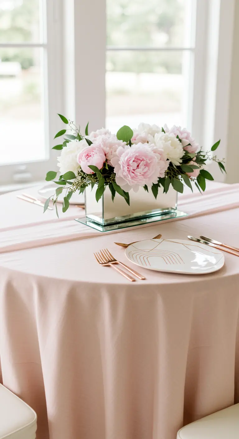 A soft pink Art Deco table setting with rose gold cutlery and peonies.