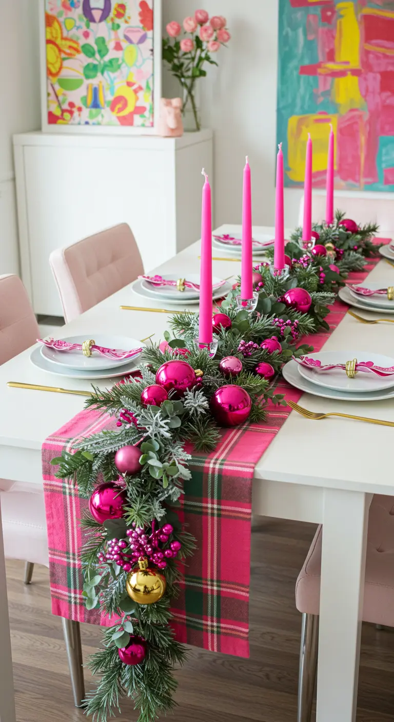 Modern Christmas table with a pink plaid runner, hot pink candles, and pink ornaments in the garland.