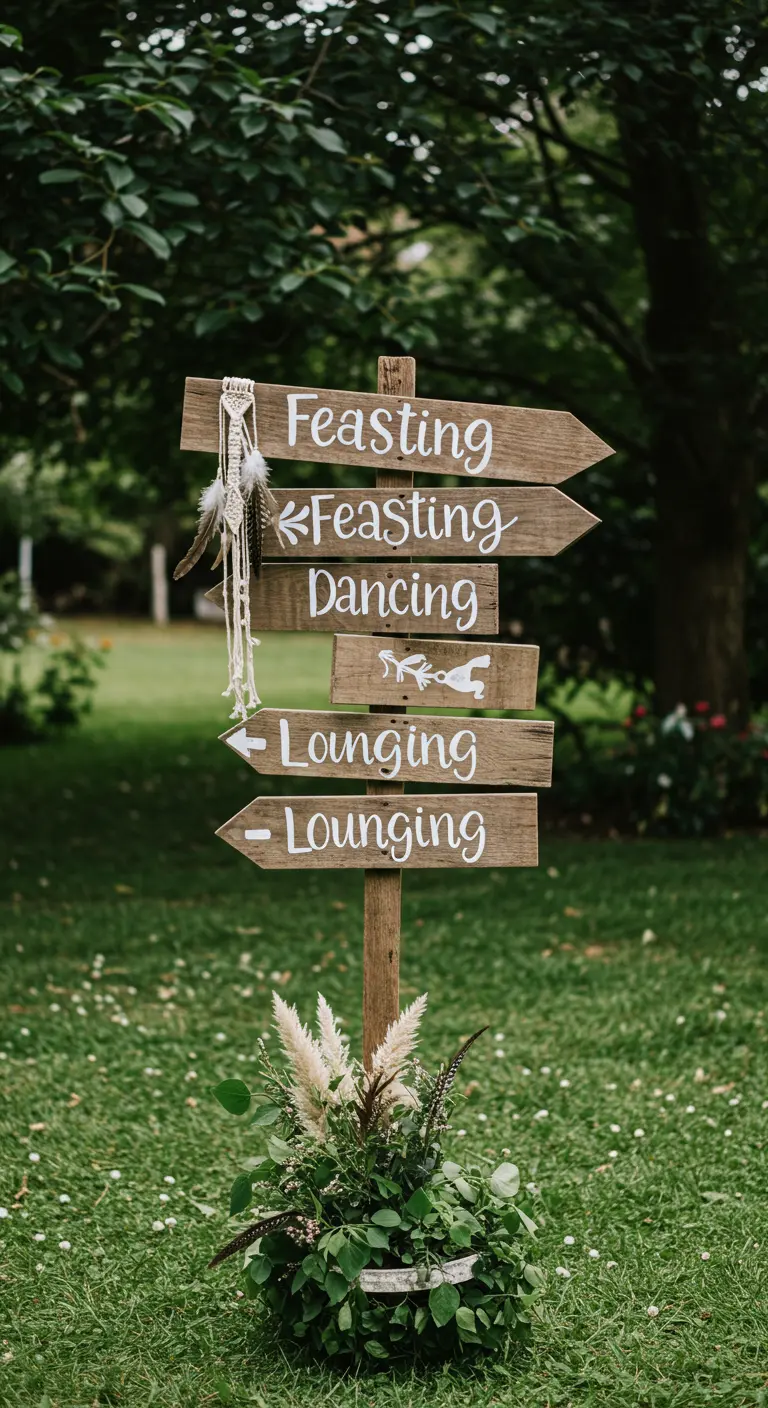 A rustic wooden signpost in a garden points to