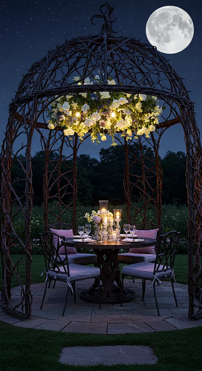 A dark, thorny vine gazebo with a chandelier of white roses, lit by candles under a full moon.