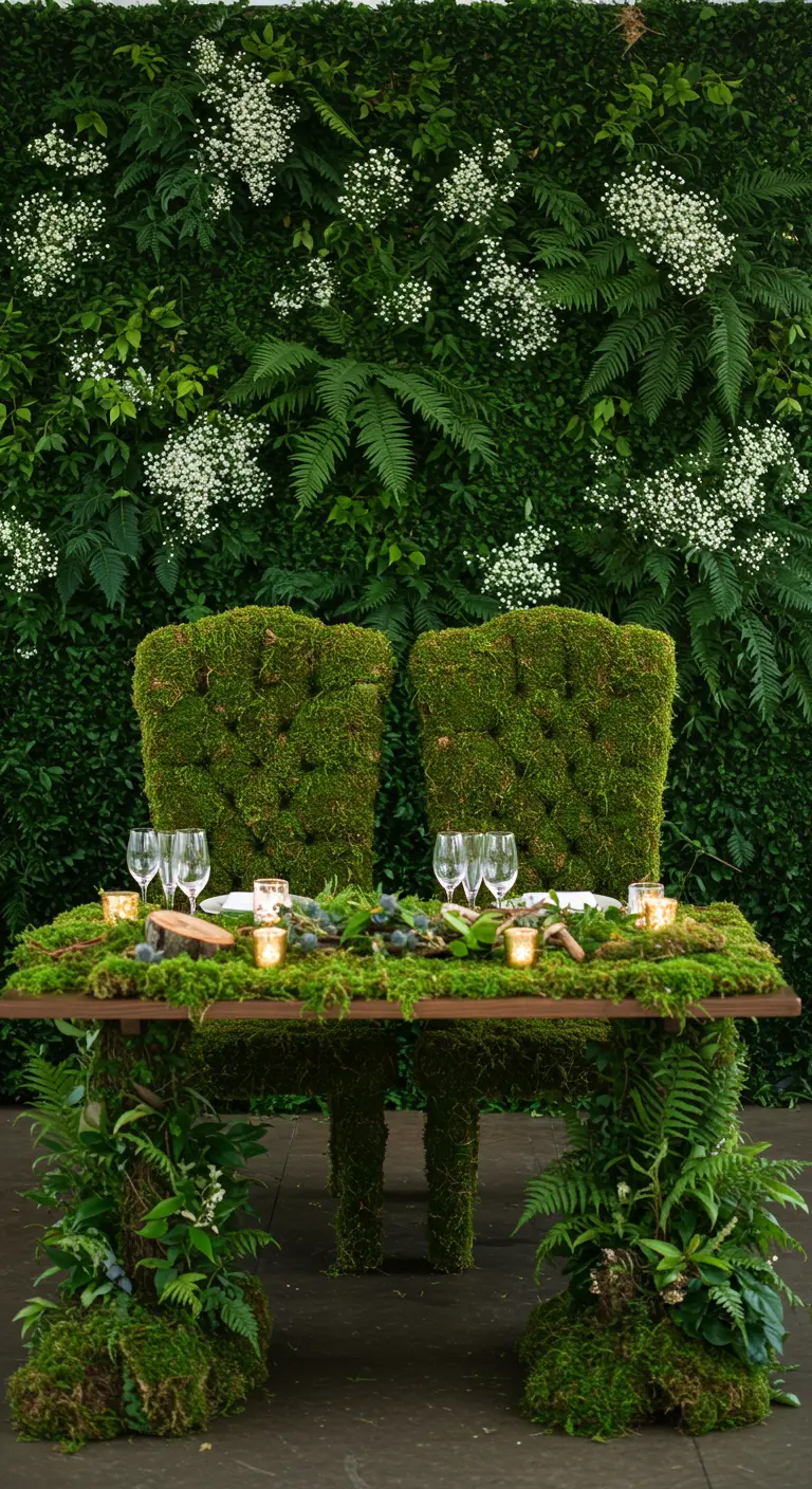A sweetheart table and two tufted chairs completely covered in green moss in front of a plant wall.