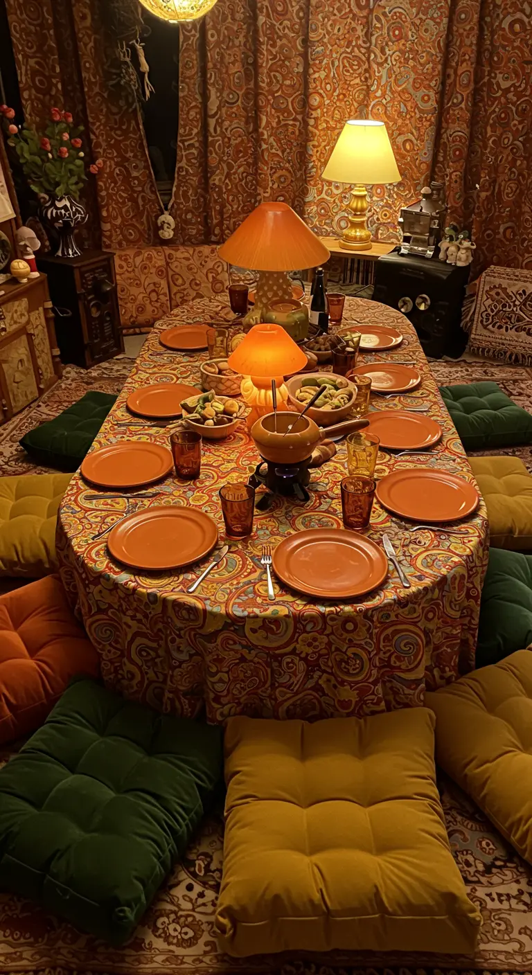 A 1970s-inspired floor party setting with paisley patterns, floor cushions, and a fondue pot.