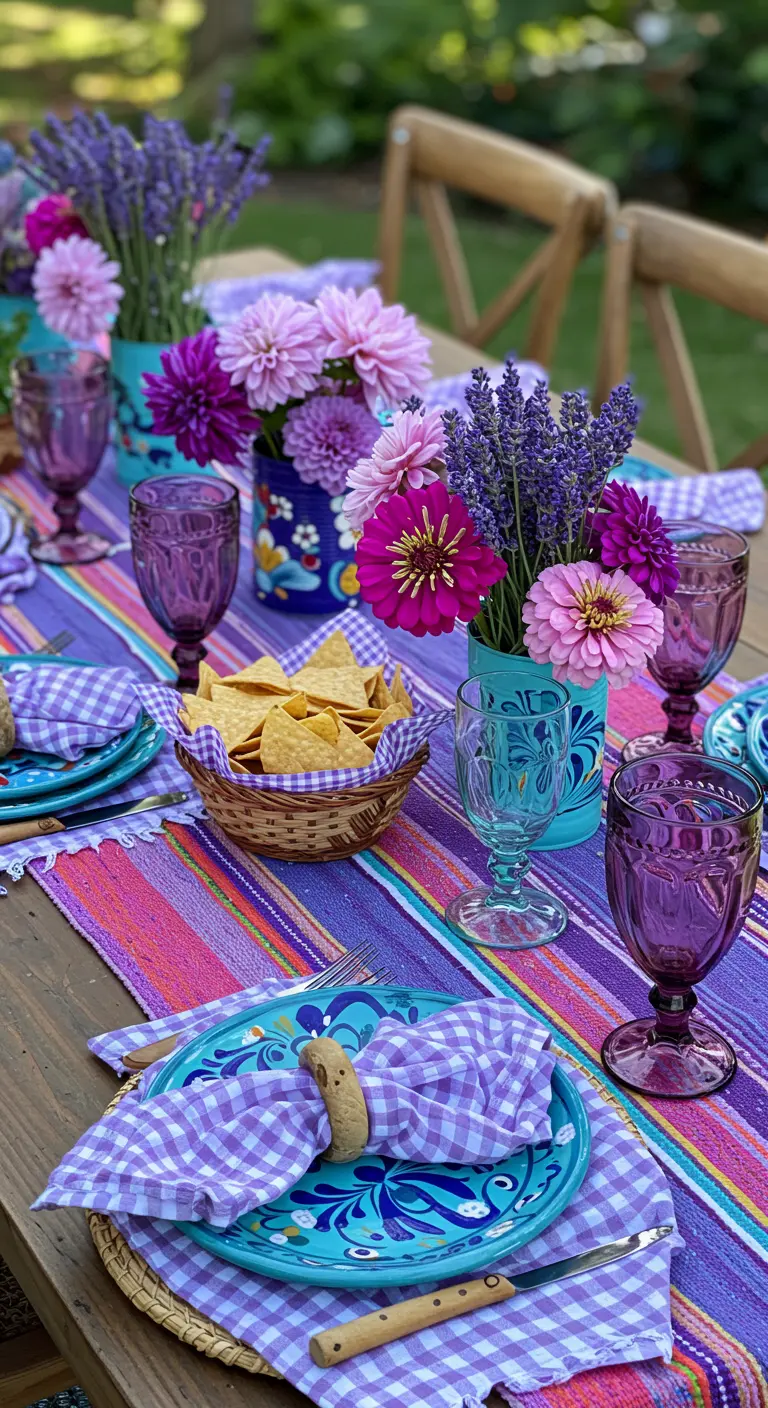 Colorful fiesta-themed table with striped runner, purple glassware, and vibrant flowers.