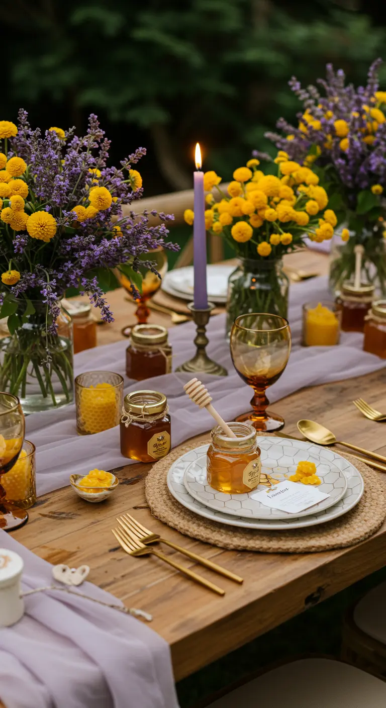 Tablescape with lavender and yellow flowers, and jars of honey as party favors.
