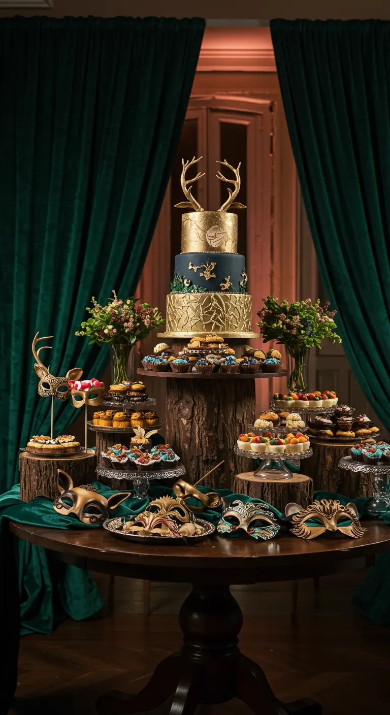 Elegant woodland masquerade party with green velvet drapes and a gold-accented cake.