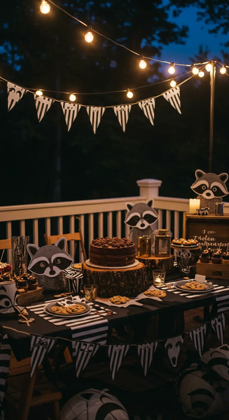 Nighttime raccoon-themed party on a deck with black and white decor and string lights.