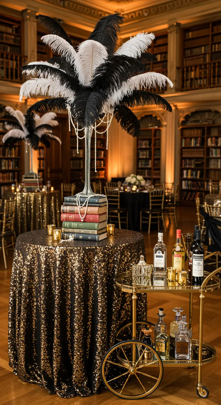 A Gatsby-themed cocktail table with a feather centerpiece, book stack, and a gold bar cart.