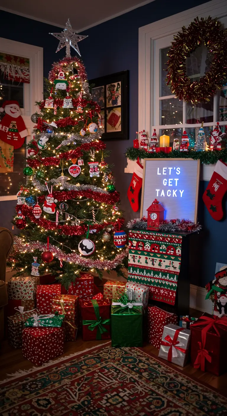 A cheerfully cluttered corner with a Christmas tree, tacky sweater, and a 'Let's Get Tacky' sign.