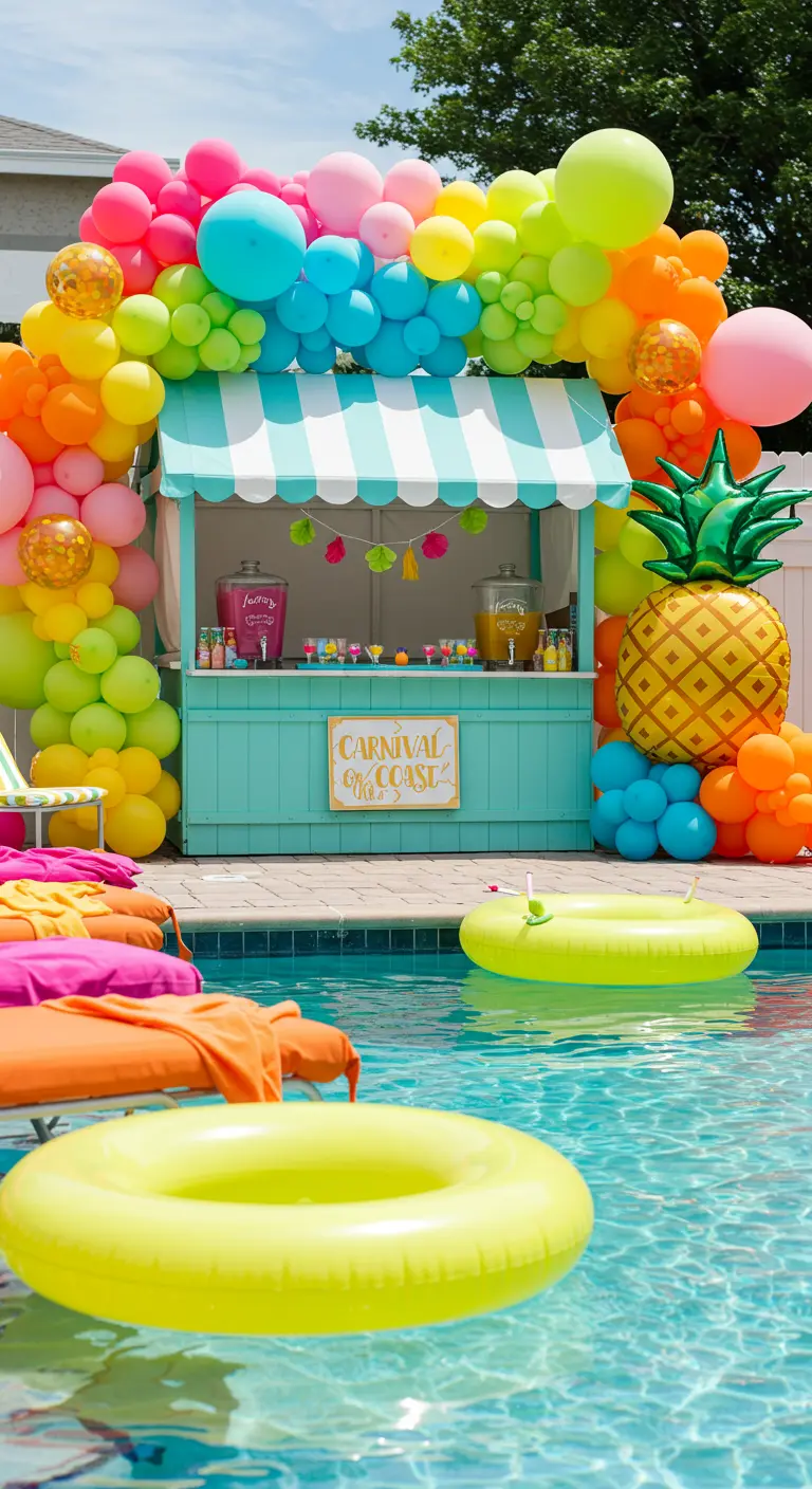 A tropical poolside carnival with a bright turquoise drink stand and colorful balloon garland.