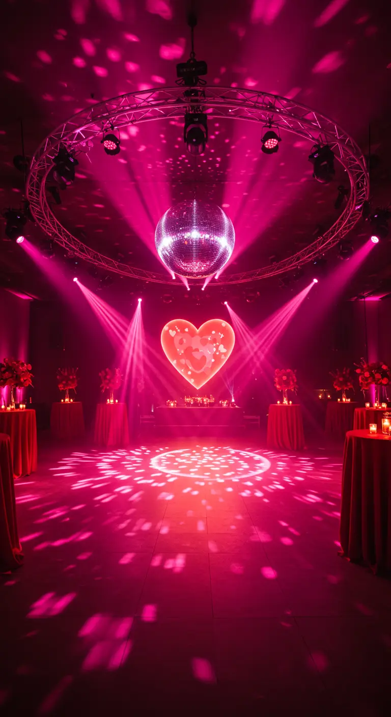 A dance floor bathed in pink light from a disco ball, with a giant illuminated heart projected on the wall.