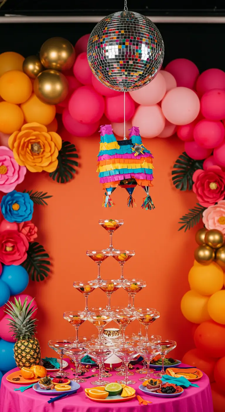 A colorful fiesta party with a balloon and paper flower wall, a piñata, and a cocktail tower.
