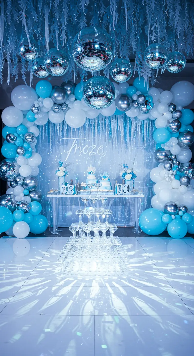 A winter-themed party with blue, white, and silver balloons, icicle decorations, and disco balls.