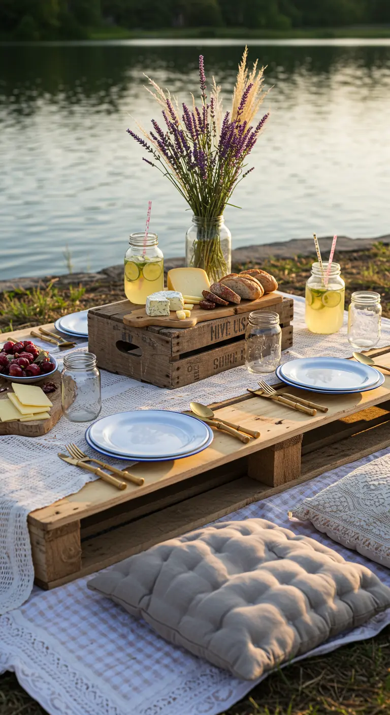 Lakeside picnic with a pallet table, floor cushions, and a lavender bouquet.