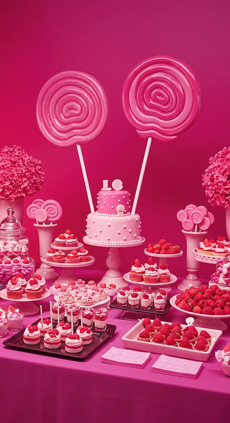 An all-pink monochrome dessert table with pink cake, candies, and flowers.