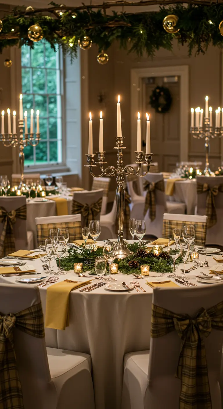 Elegant dining chairs at a formal event are decorated with beautiful yellow plaid sashes.