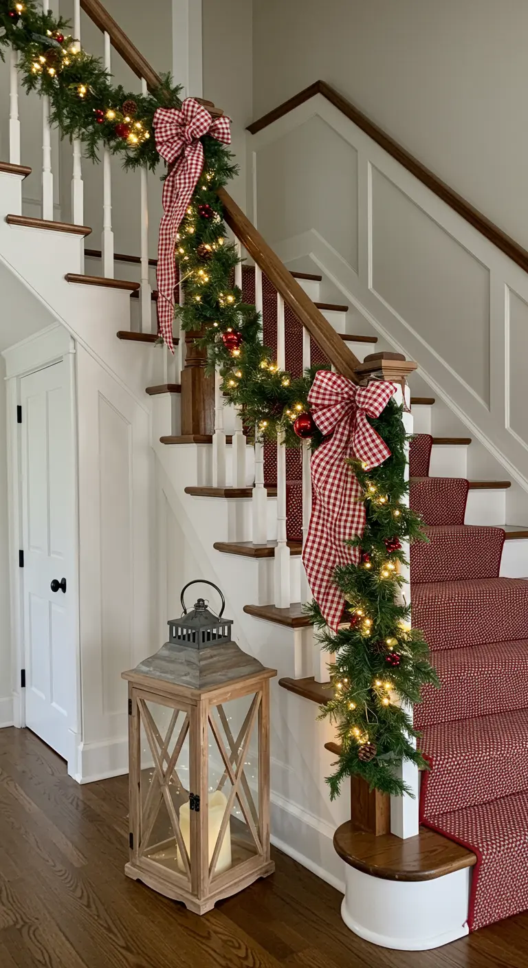 Staircase decorated with lit garland and large red and white gingham bows.