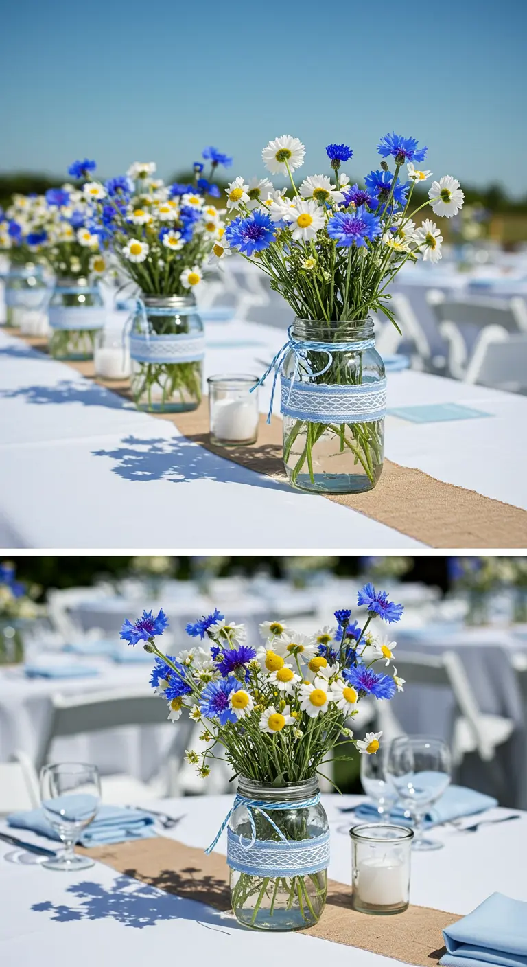 Mason jars with daisies and cornflowers, wrapped in layers of blue and white decorative ribbon.