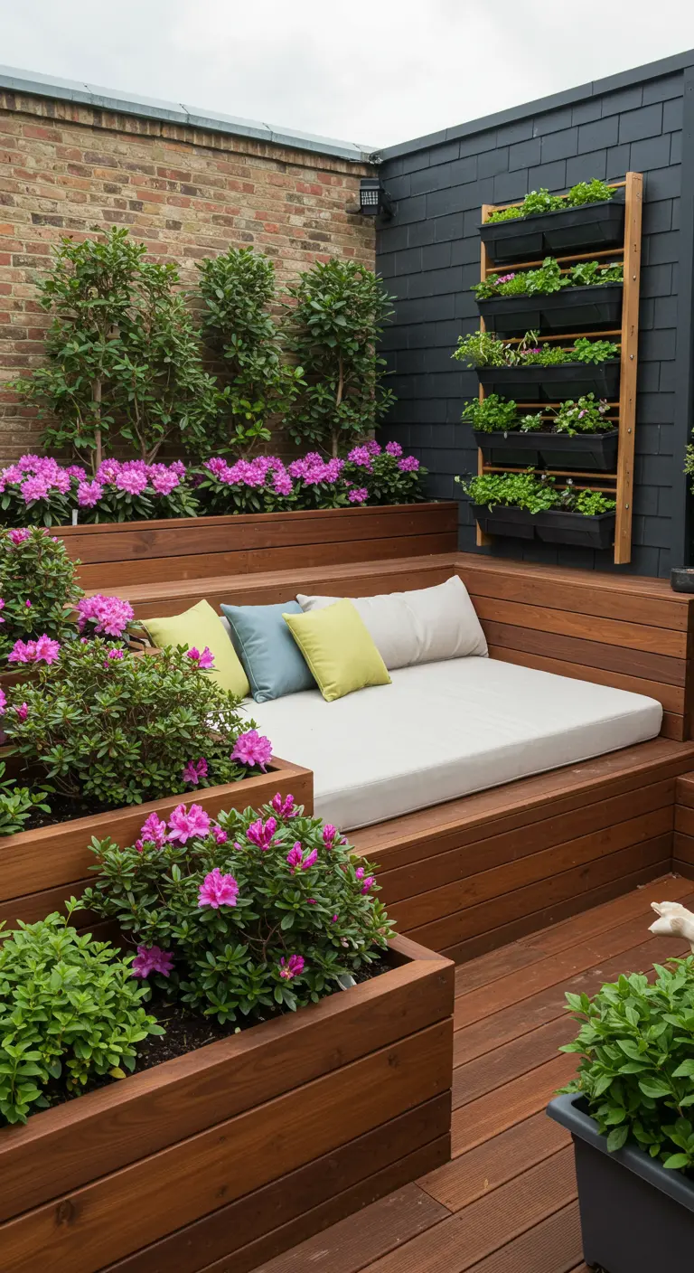 Rooftop garden with tiered wooden planters filled with pink azaleas around a daybed.