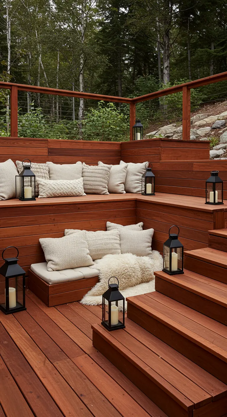 Tiered wooden deck with built-in seating, cream-colored cushions, and black lanterns.