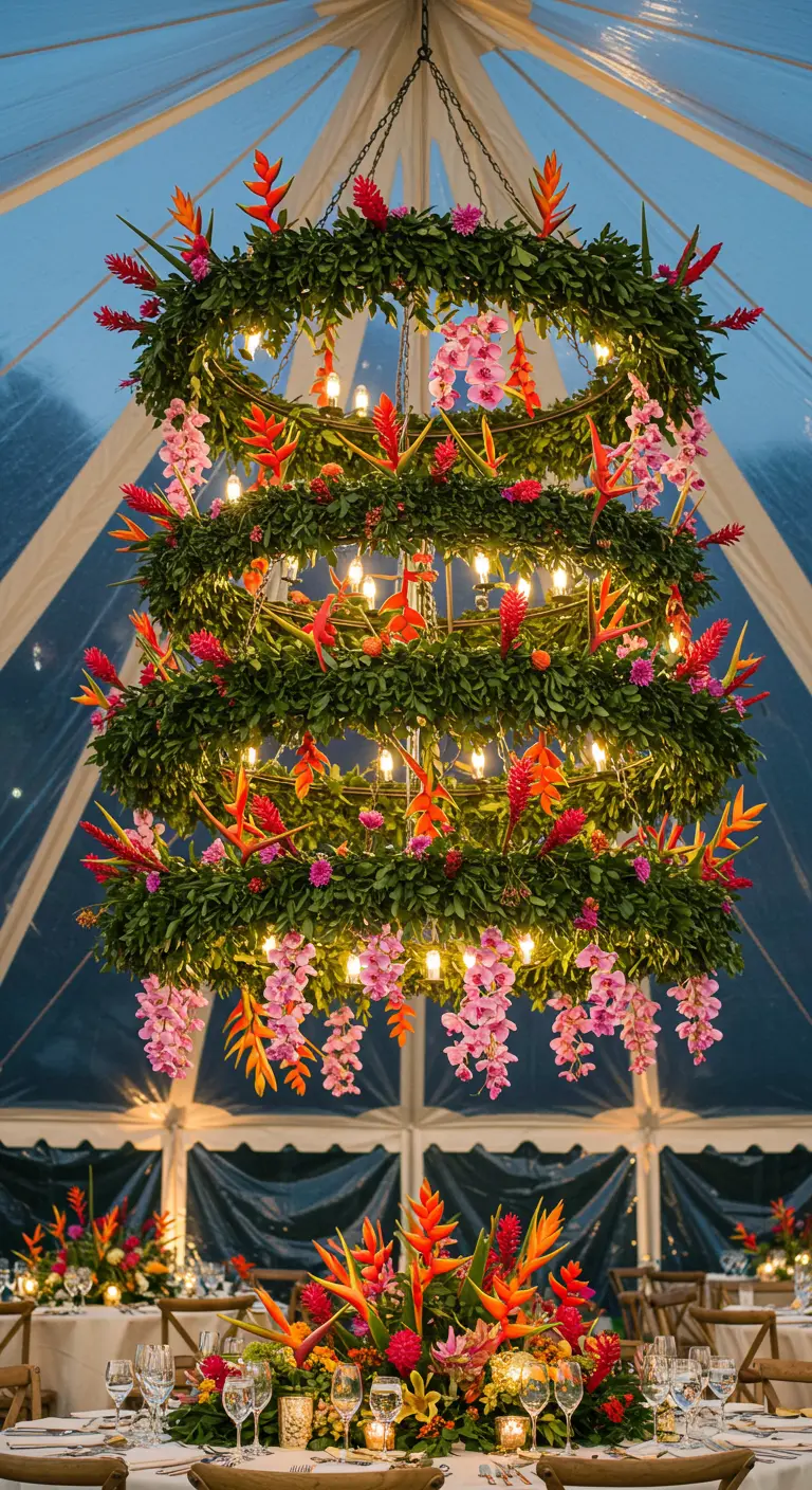 A massive, four-tiered floral chandelier with tropical leaves, heliconia, and orchids in a tent.