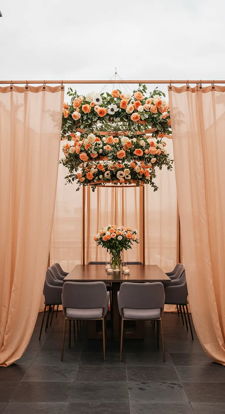 A tiered floral chandelier with peach roses and white anemones, enclosed by sheer peach curtains.