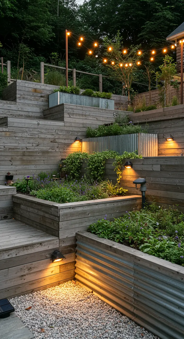 A tiered wooden retaining wall with integrated corrugated metal planters and soft lighting.