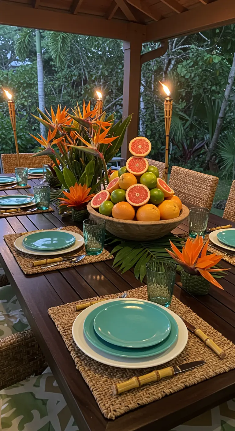 A tropical tablescape with a bowl of grapefruit, tiki torches, and Bird of Paradise flowers.