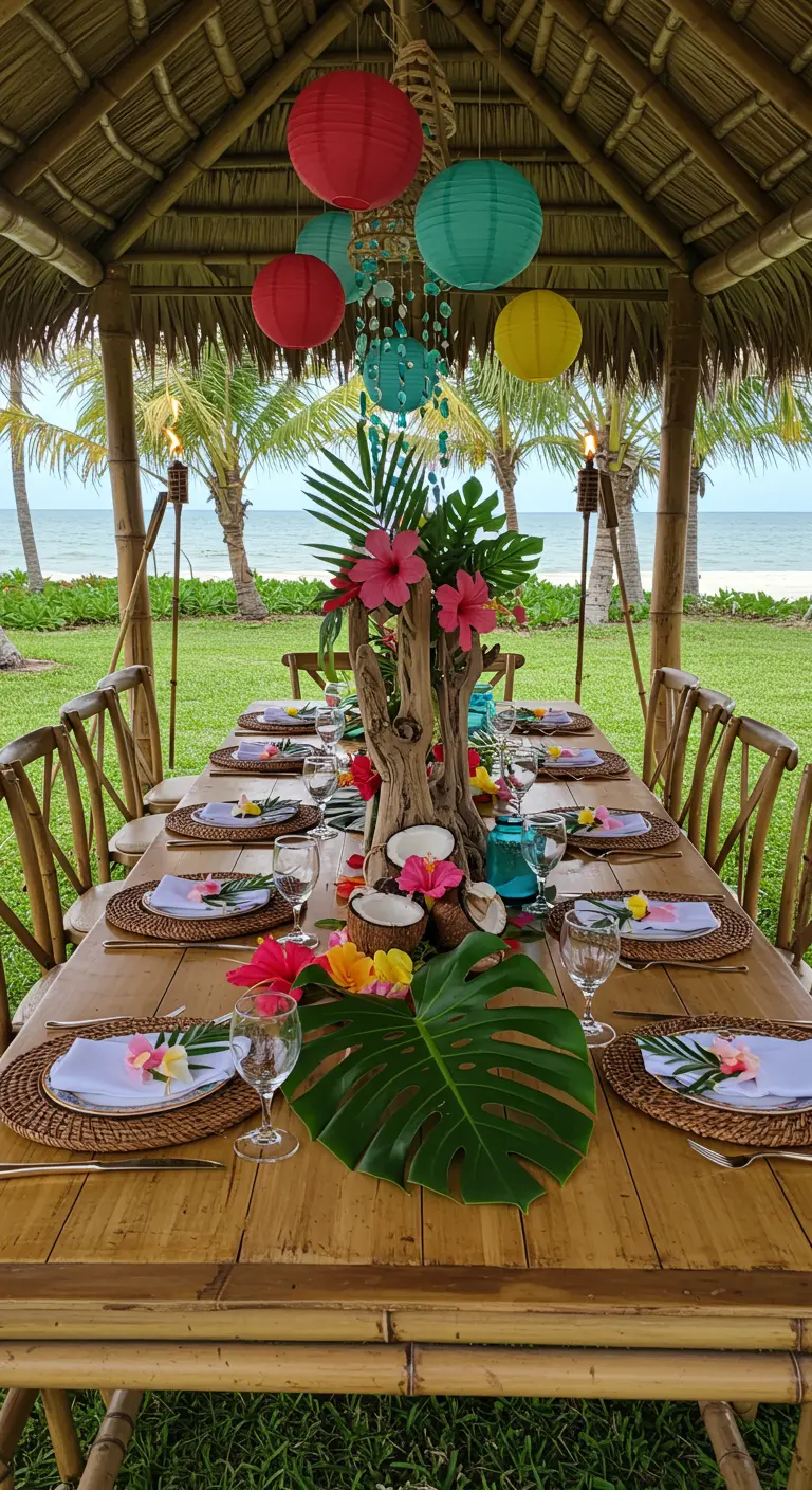 Tropical tablescape in a bamboo hut with colorful flowers and lanterns.