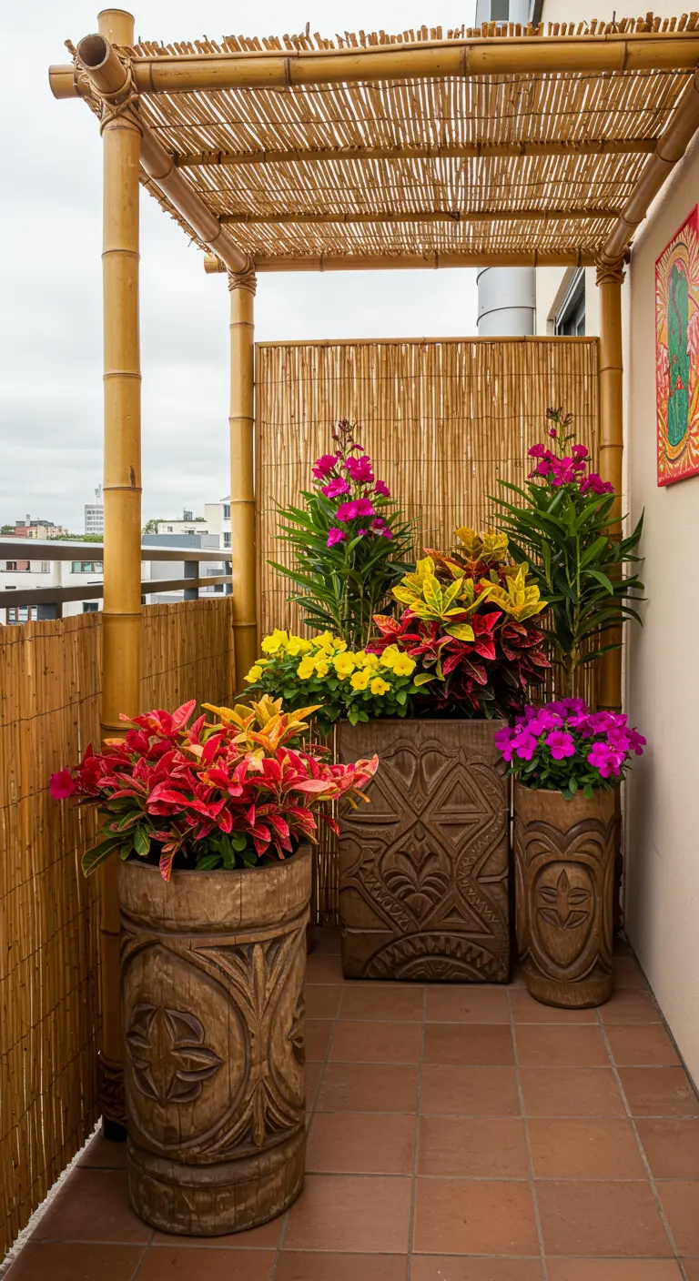 A balcony with a bamboo pergola and carved wooden tiki-style planters filled with tropical plants.