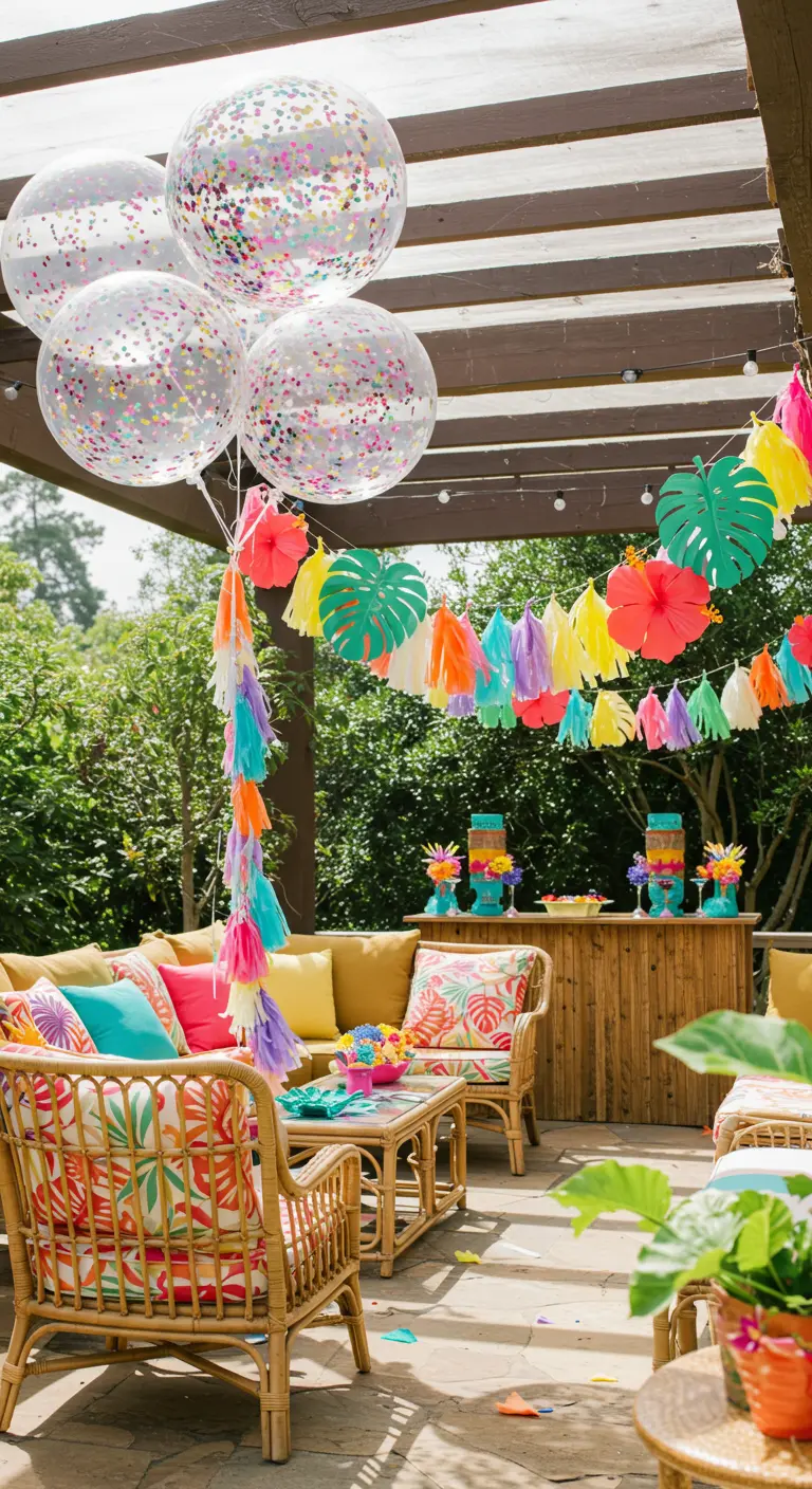 A tropical-themed patio party with rattan furniture, colorful balloons, and a tassel garland with paper flowers.