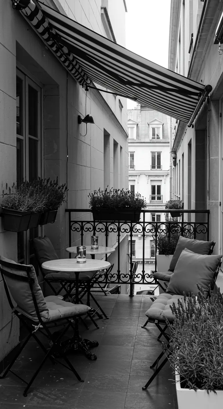 A black-and-white photo of a chic balcony with cushioned bistro chairs and a striped awning.