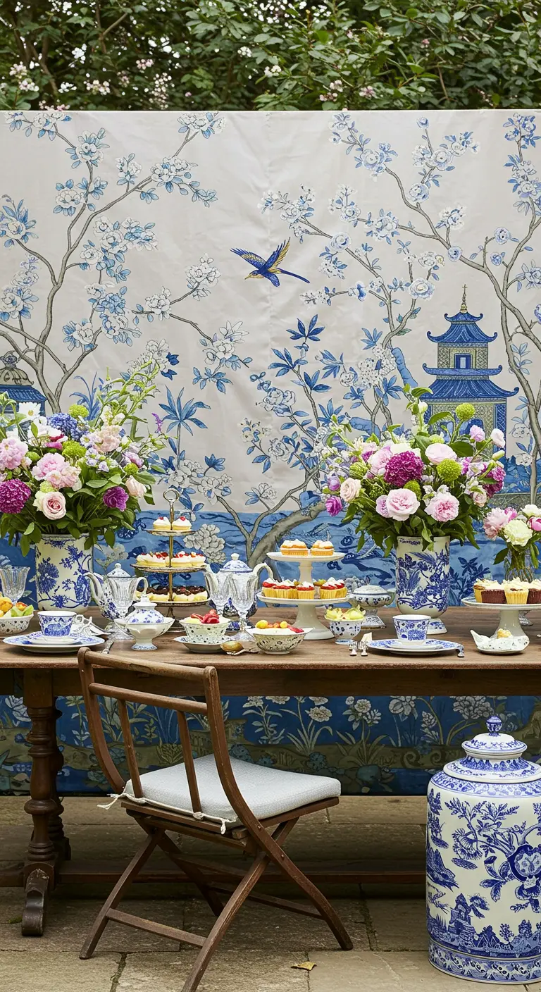 A blue and white Chinoiserie fabric backdrop hangs behind an elegant outdoor dessert table.