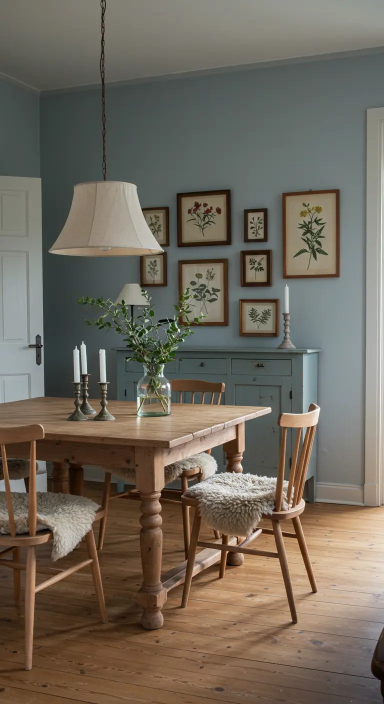 Rustic oak dining table with light wood chairs, each with a sheepskin throw, under a shaded chandelier and botanical art.