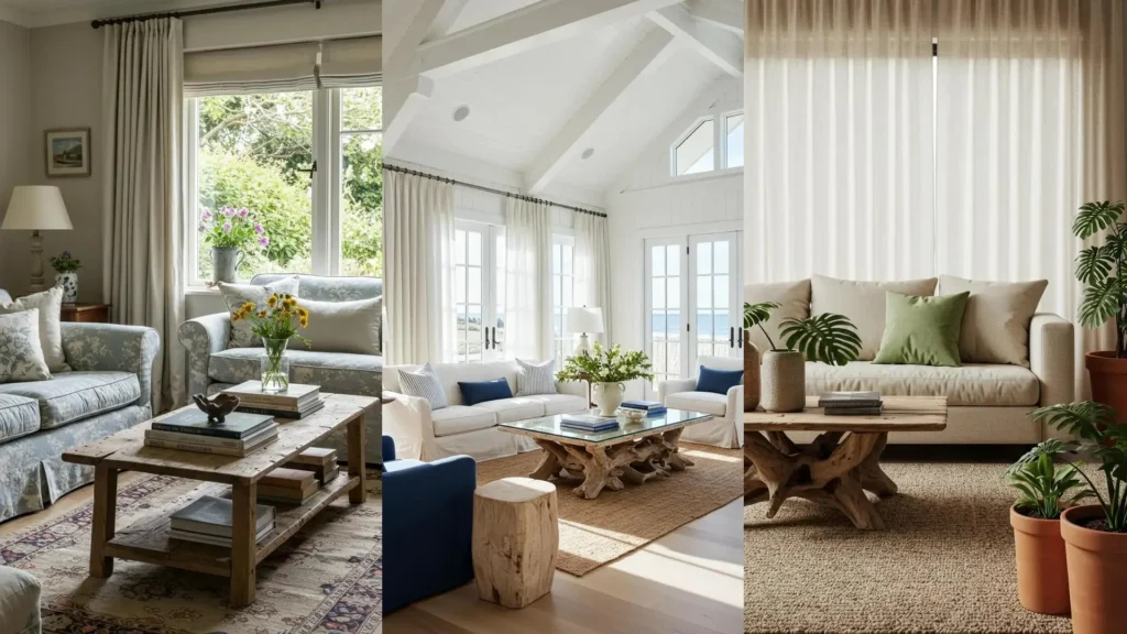 Coastal-chic living rooms showcasing linen drapes and unique driftwood coffee tables for timeless decor.
