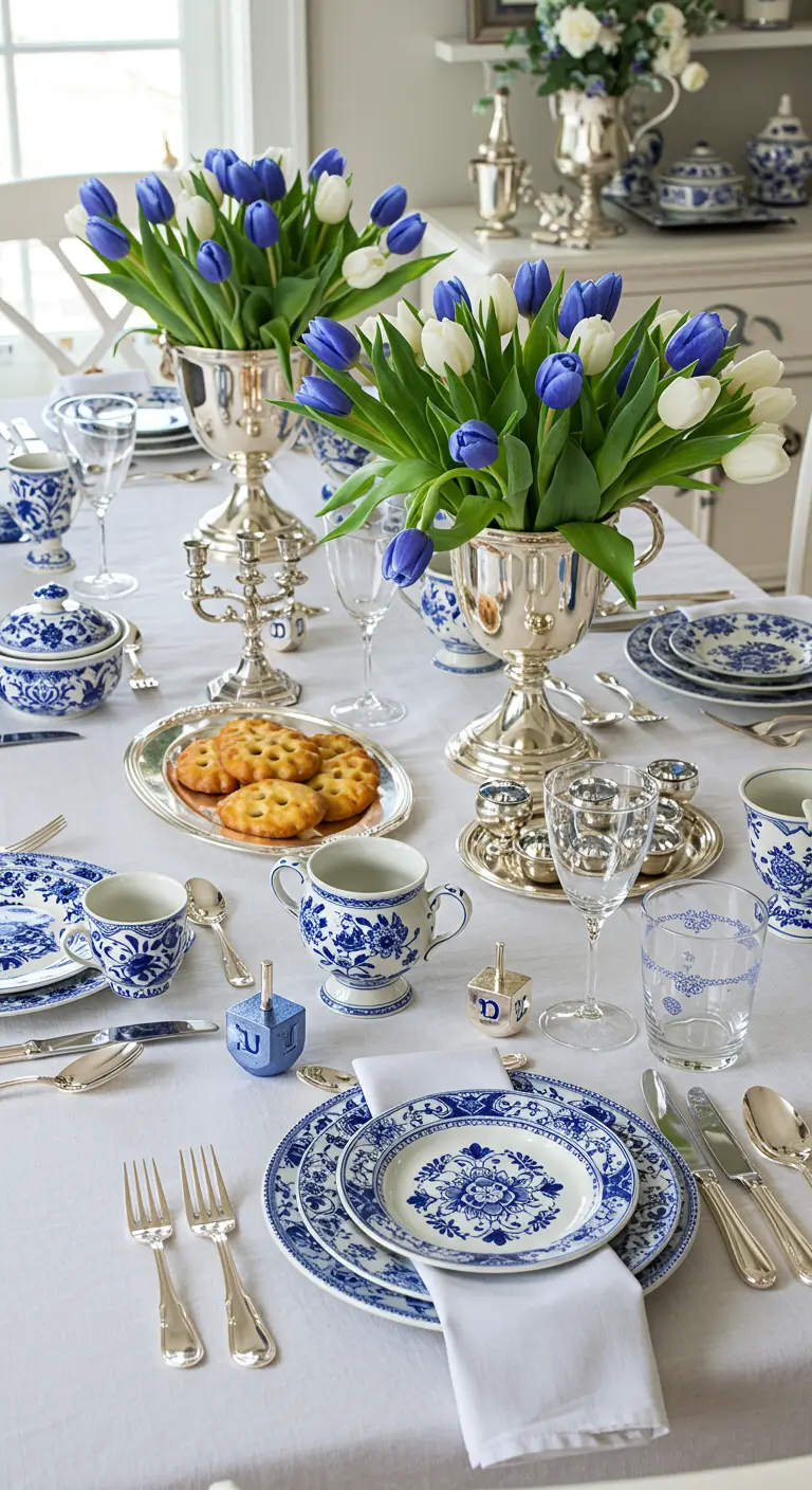 A classic Hanukkah table set with blue-and-white patterned china and silver urns of tulips.