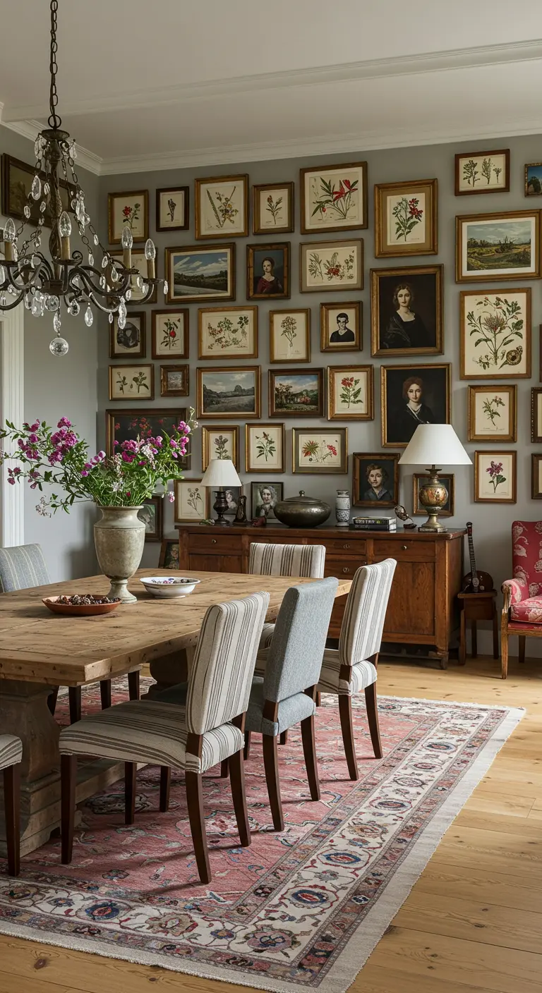 Elegant dining room with a large wooden table, striped chairs, and an extensive gallery wall of botanical prints and portraits.