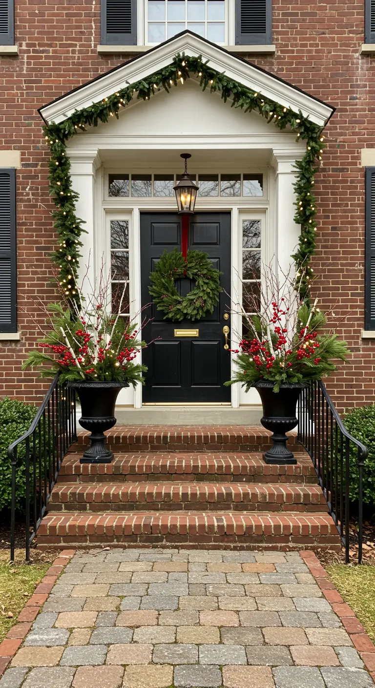 Grand brick home entrance with a black door, symmetrical black urns, and green garland.