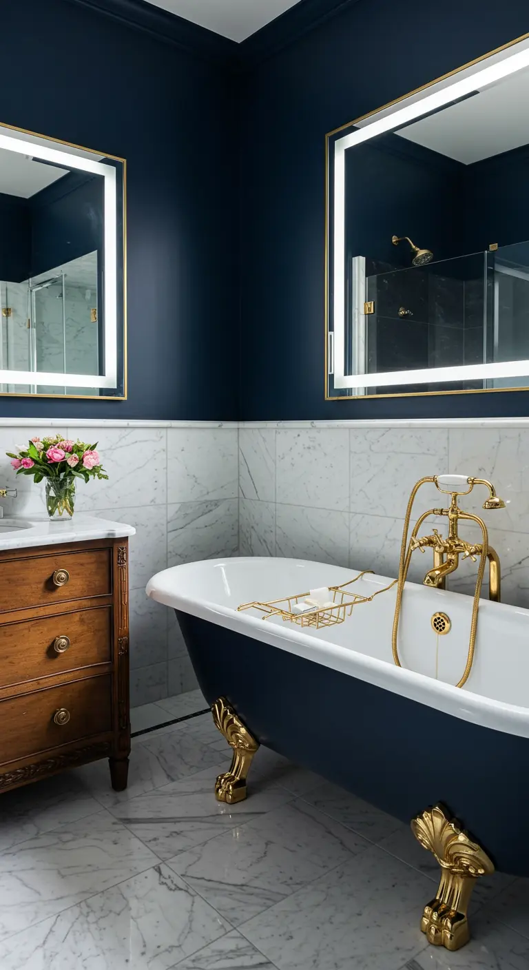 Navy blue clawfoot tub with gold feet in a marble bathroom with a vintage wood vanity.