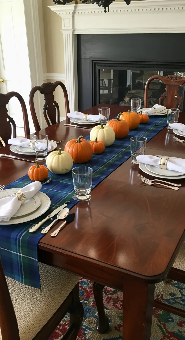 A traditional dining table with a blue-and-green plaid runner topped with a simple row of orange pumpkins.
