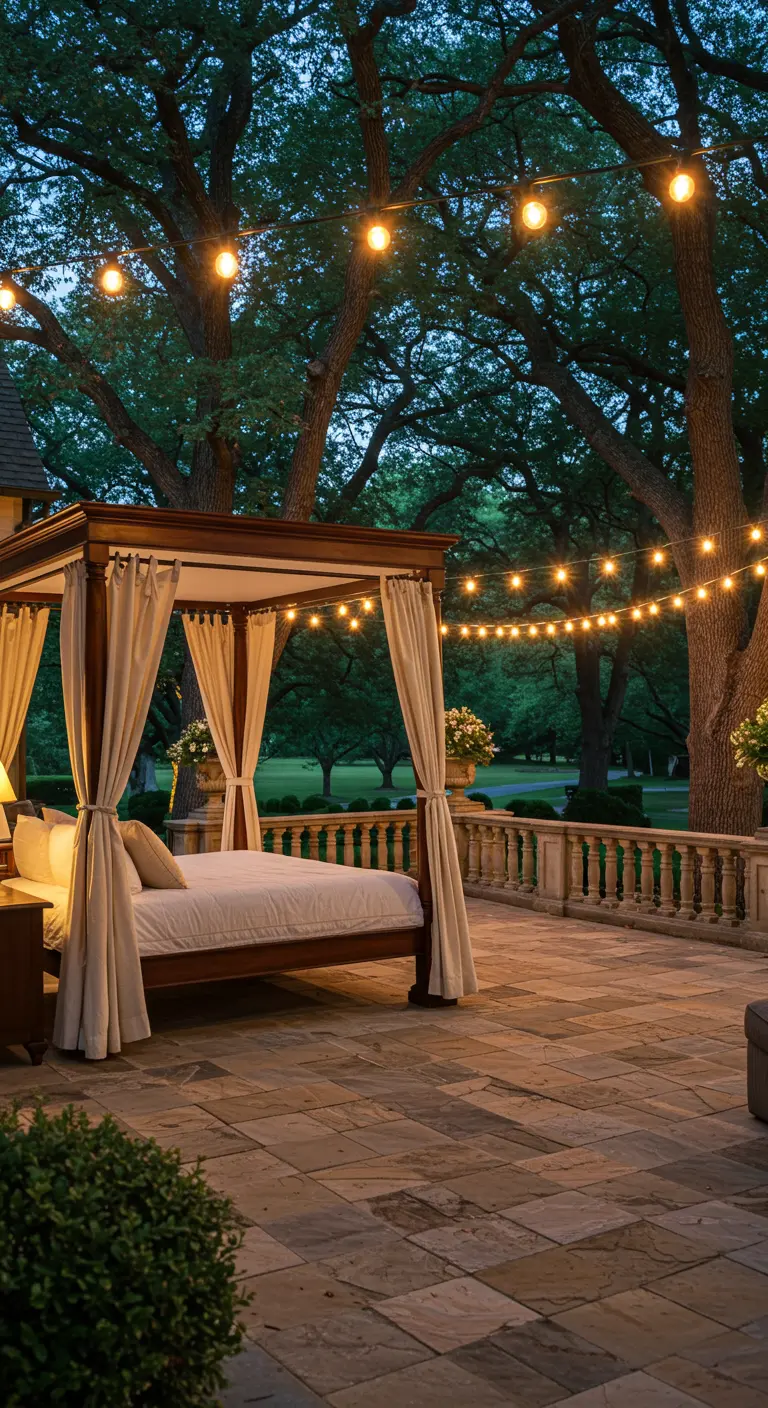 Classic dark wood canopy bed on a stone terrace overlooking a lush lawn.