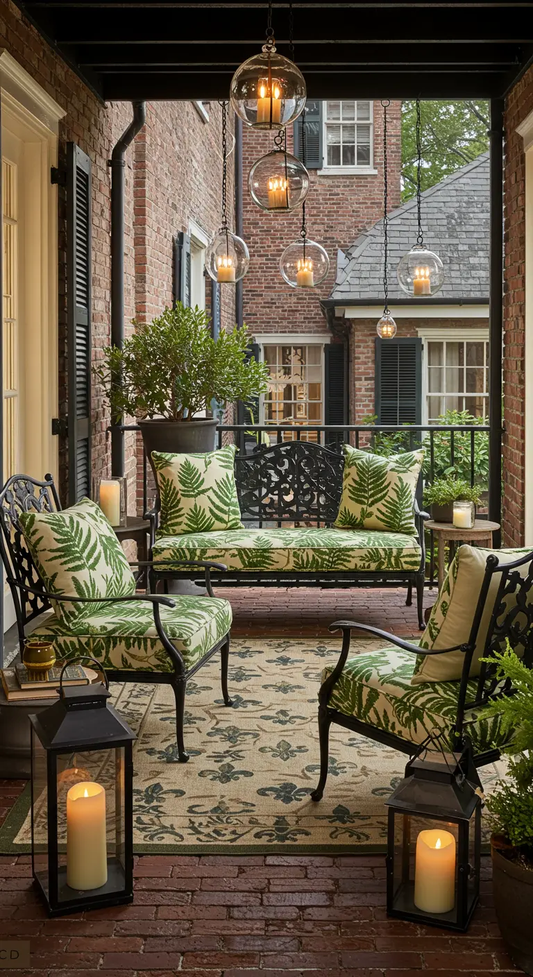 A classic brick porch with wrought iron furniture, fern-print cushions, and large lanterns.