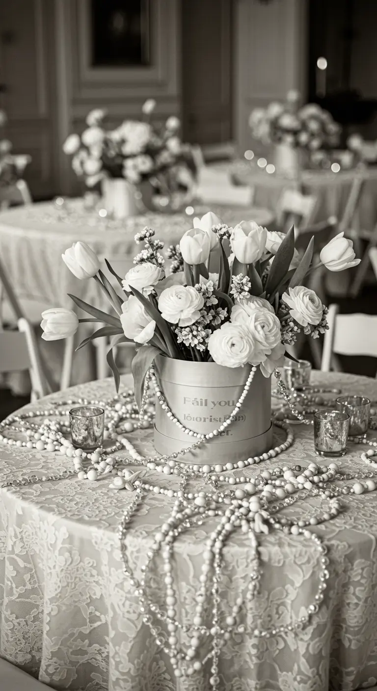 Black-and-white photo of a floral centerpiece in a hatbox, surrounded by pearl garlands.