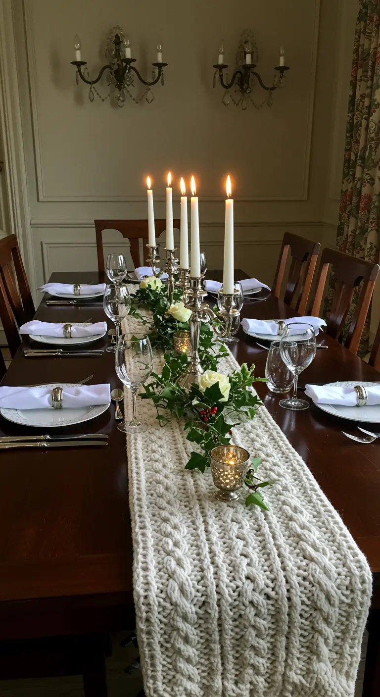 Elegant dining table with a white cable-knit runner, silver candlesticks, and white roses.