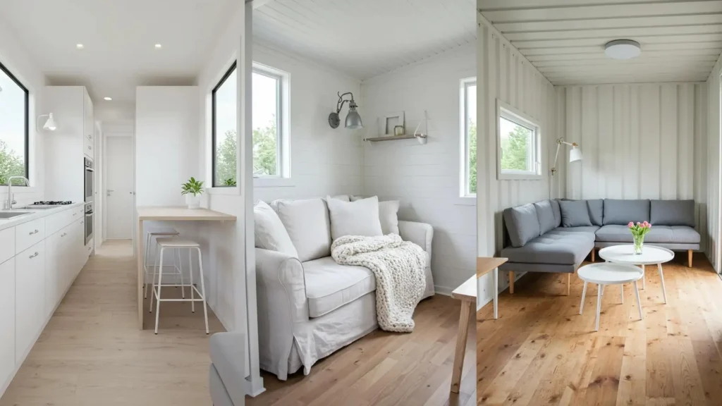Bright Scandinavian tiny home interiors with pale wood floors, white walls, and clean, minimalist furniture.