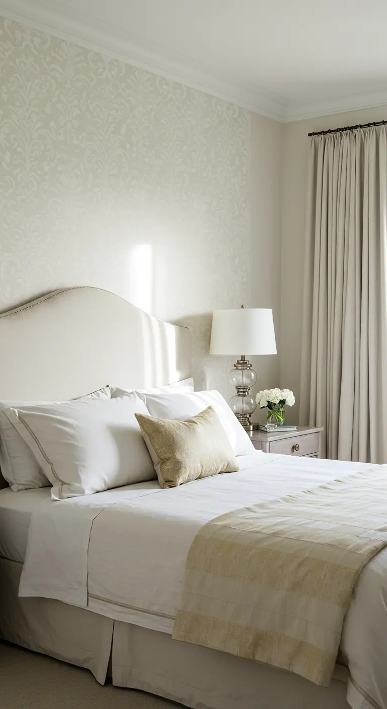 All-white bedroom with subtle damask wallpaper and an upholstered headboard.