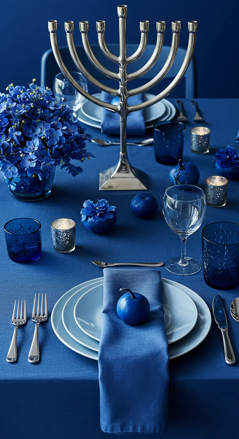A striking monochromatic Hanukkah table featuring all-blue decor, from linens to glassware.