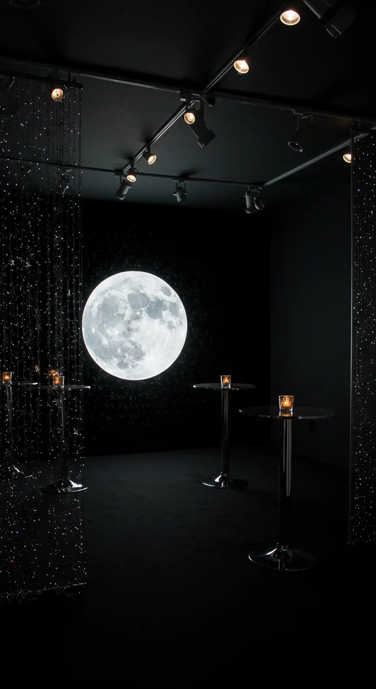 Dark room with a large, glowing full moon light on the wall and high-top tables.